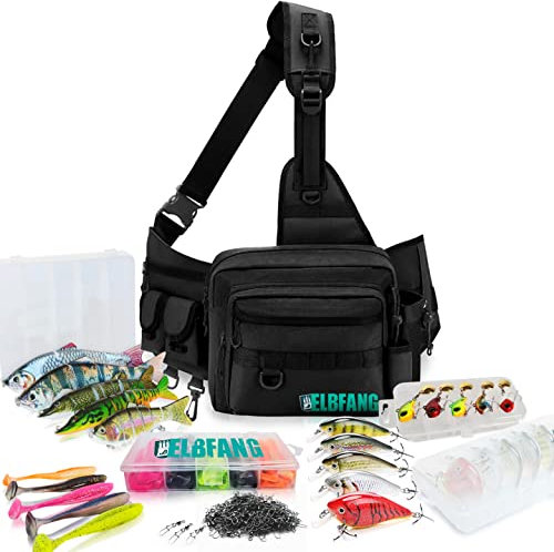 ELBFANG© Angeltasche mit Angel-Boxen gefüllt | Voll mit Wobbler Gummifischen Kunstköder | Angelzubehör für Hecht, Zander, Barsch Angeln