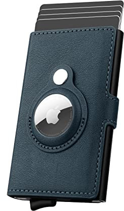 Porte-Cartes de crédit Air-Tag Wallet pour Hommes, Porte-Cartes en Cuir RFID bloquant Le boîtier de Carte bancaire en métal Pop Up(Bleu)