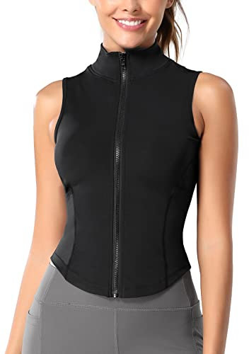 FEOYA Full Zip Sportweste für Damen Activewear Ärmellose Tops Yoga Workout Laufshirts Ärmellose Gym Tops Slim Fit Laufen Workout Gym Weste Activewear Athletic Tank Top Jogging T-Shirt Schwarz M