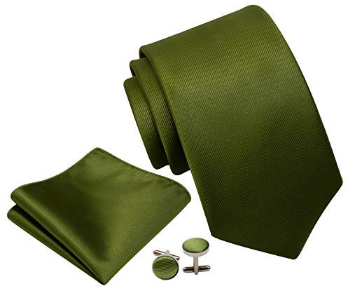 Olive Green Ties for Men Solid Silk Necktie With Cufflinks and Pocket Square Men's Wedding Tie Sets (UK0789-20)