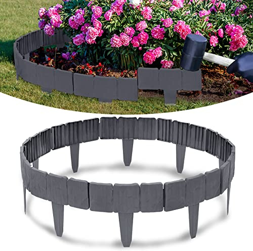 ACXIN Rasenkante in Steinoptik 2,5m Beetumrandung Garden Border Rasenkante Kunststoff Mähkante Gartenumrandung Palisade 1 Element (L x H): 25 cm x 23 cm Anthrazit