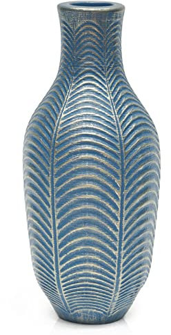 Suanti Mattblaue Blumenvase, dekorative Blattmuster-Vase, 28.5 cm hoch, für Wohnzimmer, Schlafzimmer, Büro, Tisch, Boden, Regal, handgefertigte Harz-Hochzeitsdekoration, Einweihungsgeschenk