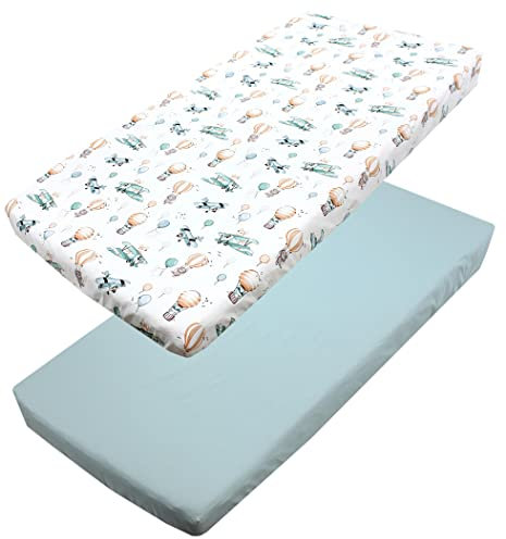 TupTam Baby Spannbettlaken Kinder Spannbetttuch für Babybett Kinderbett 2er Pack, Farbe: Füchse im Flugzeug/Grün, Größe: 60 x 120 cm