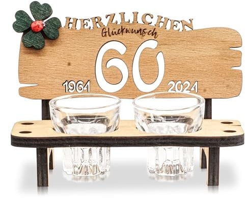 DARO Design - Schnapsbank Jahreszahl 60 Jahre Holz 2 Schnapsgläser Kleeblatt Jahrestag Geburtstag Hochzeitsgeschenk Jubiläum Geschenk 2025