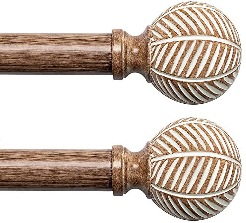 Gardinenstangen aus Holz für Fenster: Verstellbare Gardinenstangen mit 2,5 cm Durchmesser, 182,9 cm bis 365,8 cm, 2 Stück, robuste Fensterstange mit Holzmaserungsimitat-Blattmuster-Endstücken