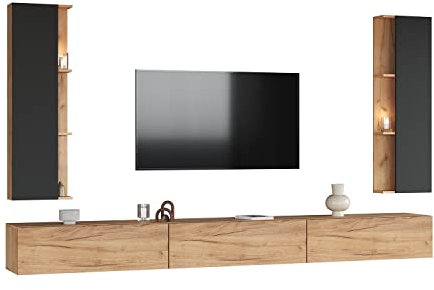 Planetmöbel TV Wohnwand Wohnzimmer 3X 100 cm Gold Eiche, mit 2X 40cm Seitenschränken Gold Eiche/Anthrazit