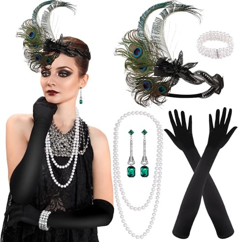 PLULON 7-teiliges 1920er Flapper Great Gatsby Accessoires-Set Fashion Roaring 20's Theme Set mit Stirnband, Kopfbedeckung, langen schwarzen Handschuhen, Halskette, Ohrringen für Damen (Stil 6)