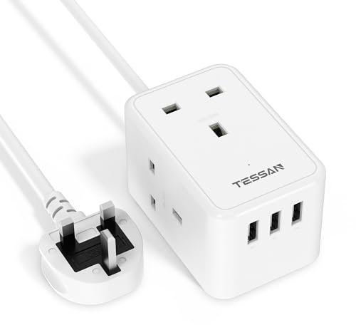 Small Extension Lead 1.5M, TESSAN 3 Way Multi Plug Extension Socket with 3 USB Slots, Wall Mounted Short Power Strip 13A 3250W, Multiple Outlets Extender for Home, Office, School Supplies
