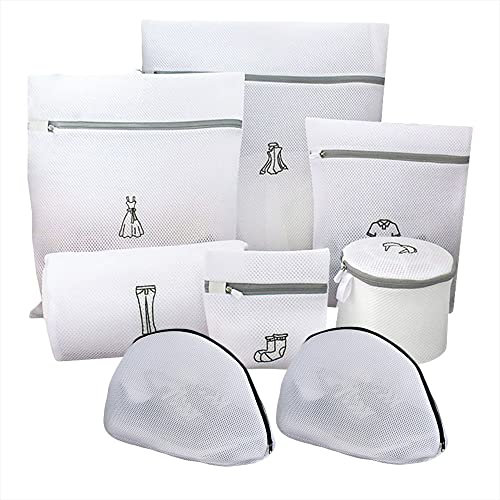 G-LIKE Zweilagige Wäschesäcke Mesh Wäschebeutel – 8er Set Netztaschen Wäschesack mit Reißverschluss für BH Socken Pullover Daunenjacke Unterwäsche Schuhe Verschleißfest für Waschmaschine (Weiß)
