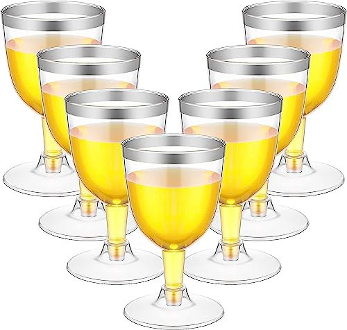 LATERN 50 Pièces Verres à Vin Bordés D'argent, 170ml Verres de Dégustation de Vin en Plastique Gobelets à Vin Réutilisables à Tige pour Boissons Whisky Champagne Bière Cocktail Martini (13,5 x 6,5cm)