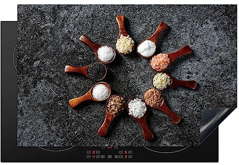 KitchenYeah© Herdabdeckplatte Einteilig Ceranfeld Abdeckplatte für Induktionsschutz Ceranfeldabdeckung Vinyl Herdabdeckplatten Löffel - Kräuter - Gewürze - Lebensmittel - Industrial - 80x52 cm