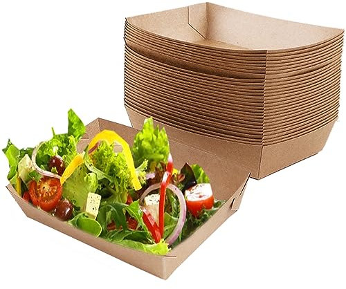 Allbusky 50PCS Disposable Kraft Paper Food Trays, Oil-Proof Paper Food Serving Trays, Boat Picnic Boxes, Serving Food Container Cardboard Bowls Burger Trays Sandwich Tableware