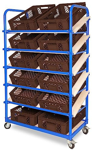 BRB Schrägboden-Regalwagen mit 6 Ebenen, bestückt mit 12 Euroboxen BxTxH 600x400x150 mm durchbrochen, BxTxH 1050x500x1690 mm (braun)