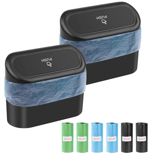 SXCCNW Car Trash Can, 2 Pack with Lid, 90 Trash Bags, 1.43L, Black, ABS & PE, 16 x 14 x 6.5 cm, Indoor & Outdoor, Rectangular, Waterproof, Sturdy