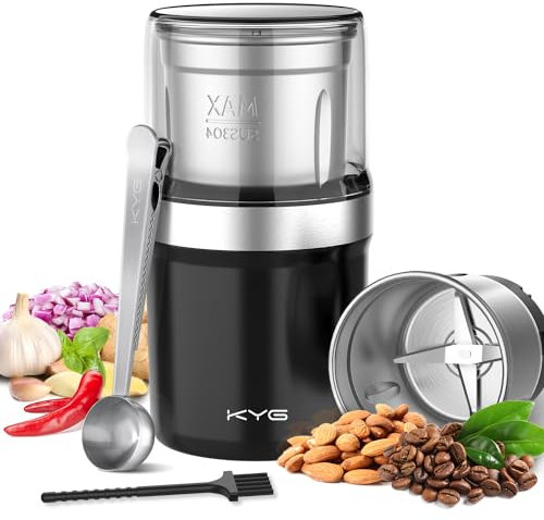 KYG Coffee Grinder Electric Grinder for Seeds, Herb, Nut, Flax Seed Grinder with Removable Bowl Spice Grinder 300W Wet and Dry Grinder with 1 Washable Stainless Steel Cup 4 Blades