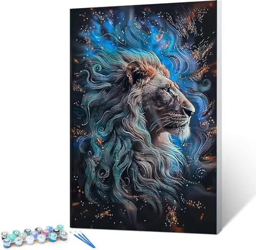 Malen Nach Zahlen Erwachsene, Majestät DIY Handgemalt Ölgemälde Kit für Anfänger und Erwachsene Mit Pinseln und Acrylfarbe, Löwe 60x80cm (mit Rahmen)