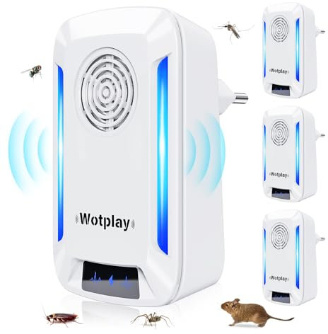 Wotplay Prise Anti Moustique 4 Pièces Puissants Ultrason Souris et Rats, Efficaces Contre Les Mouches Moustiques Souris Araignées Cafards, Silencieux et sans Rayonnement