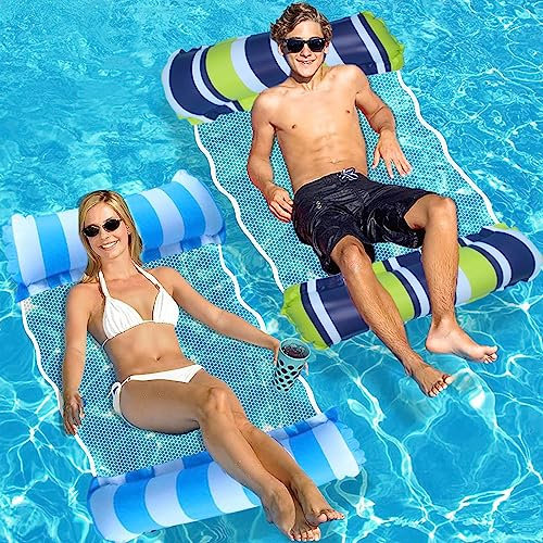 Hamaca Piscina 2pcs, Colchonetas Inflables Piscina, PortáTil Colchonetas Piscina Grandes, 4-En-1 Hamaca Hinchable Piscina, Flotadores Piscina con Bomba de Aire (Dizhilv-Azul)