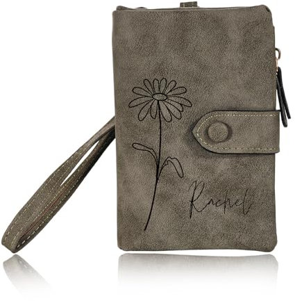 INBLUE Personnalisé Cuir Portefeuille pour Femme Gravé Fleur de Naissance avec Nom Portefeuille Petit Tri-Pli Zippé Porte Monnaie avec Dragonne Cadeau Personnalisé pour Fête des Mères - Vert Armée