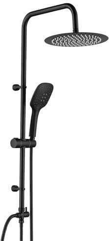 Ulytid Columna de Ducha Negra,Columna de Ducha de Hidromasaje sin Grifo, Set de Ducha Orientable de Pared de Acero Inoxidable, con Cabezal de Ducha Redondo de 25cm, Teleducha de 3 Tipos de Agua, Flexo