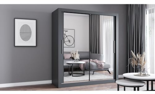Fabryka Mebli Idźczak Kleiderschrank mit Spiegel - Schwebetürenschrank - Schlafzimmerschrank - 64 x 180 x 215 cm - Wohnzimmerschrank - Garderobenschrank, Grauer Schrank mit Zwei Türen, modern