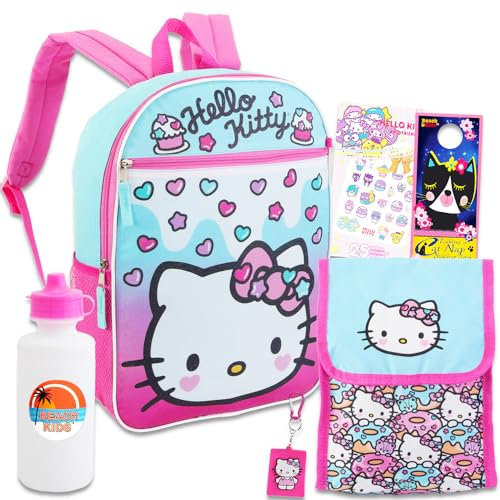 Hello Kitty Mochila con lonchera para niñas, paquete con mochila Hello Kitty de 16 pulgadas, bolsa de almuerzo, botella de agua, tatuajes, llavero, más | Juego de mochila escolar Hello Kitty