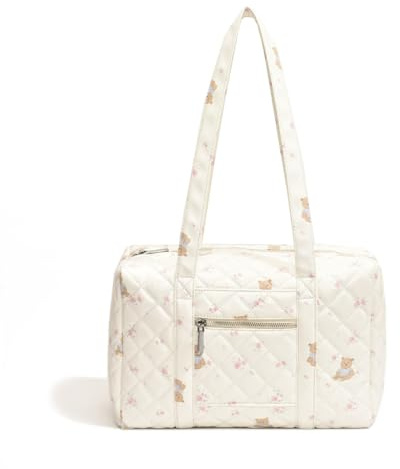 Reisetasche mit großem Fassungsvermögen, Blumenmuster, für Damen, gesteppt, Y2K, Reißverschluss, Schultertasche, weiß