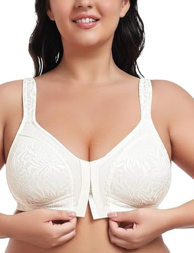 WingsLove Front Fastening Bras for Women Minimizer Wireless Non Padded Full Coverage Back Support Plus Size Bras (Ivory,36F)