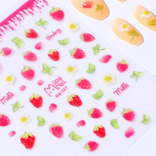 Strawberry Nail Stickers 5D Relief Nail Art Stickers Self Adhesive Nail Stickers for Nail Art Fruit Nail Supplies for Women Girls Gift