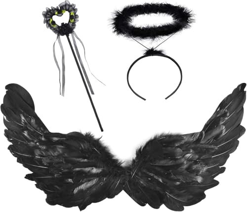 Qooloo 3 Pièces Halloween Costume d'ailes d'ange,60 cm Ailes d'ange en Plumes,avec Halo et Baguette Magique,Noir,d'ailes d'ange Enfants pour Halloween Carnaval Cosplay Party