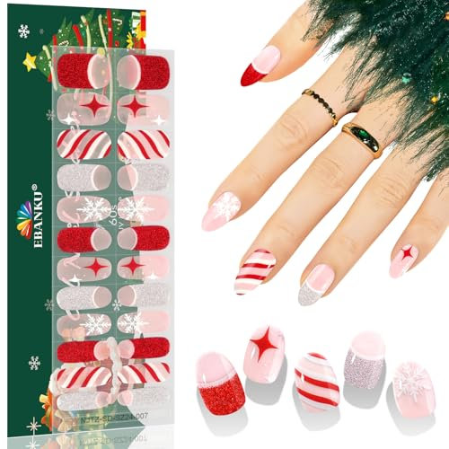 EBANKU 24 Piezas Gel Semicurado de Pegatinas Navidad,Rayas Rojas plateadas,Tiras Gel Con Purpurina Con Lima De UñAs, Pegatinas DecoracióN Larga DuracióN, Semi-Curado Gel Nail Art Stickers Decoración