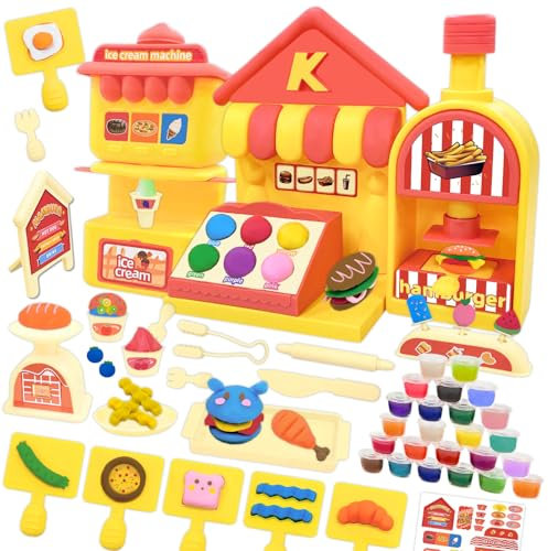 VBACALA Juego de Plastilina para Niños, 69 Piezas de Accesorios de Plastilina para Hacer Hamburguesas de Helado con 24 Botes de Plastilina, Creaciones Cocina para Niños Regalo de Cumpleaños para 3 Año