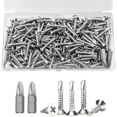 FINEASY 220 Tornillos de Acero Inoxidable Autoperforantes M4.2x25mm, Autorroscantes y Autotaladrantes Con Broca (Plata)