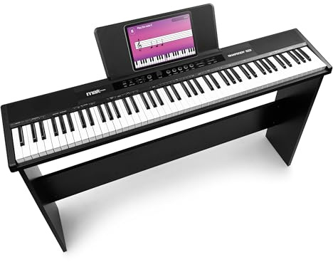 MAX Rhapsody DP88P - Piano digital de 88 teclas con soporte de mueble | 10 timbres y 25 voces GM con 5 niveles de sensibilidad, 26 canciones demo, pedal de sustain y conexión USB MIDI