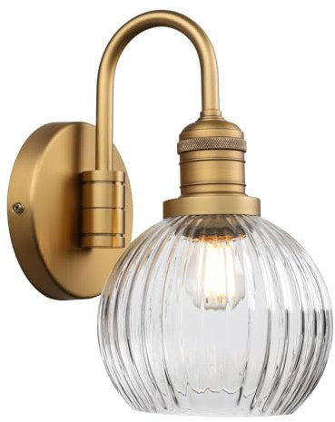 Pathson Vintage Col de Cygne Applique Murale Industriel E27 Luminaires Intérieur Abat-jour en Verre Rond Lampe Murale pour Salle de bains Cuisine Entrée (Laiton antique)