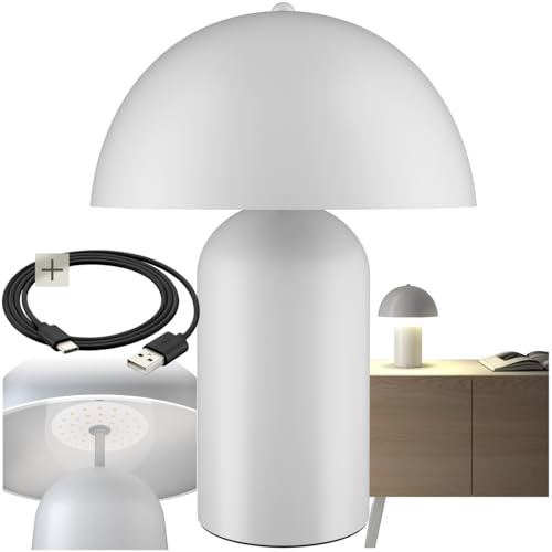 tectake® Mushroom Table Lamp in Coated Steel, 5W Battery-Powered, Rechargeable Lamp with USB-C Cable, Cordless Portable Touch Light with 3-Step Dimming Function for Living Room, Bedroom - White