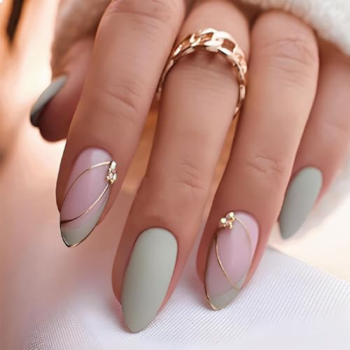 GlamRays Lot de 24 faux ongles press on nails moyens en forme d'amande, faux ongles verts, pointe française, ongles acryliques avec lignes dorées et strass, ongles adhésifs brillants