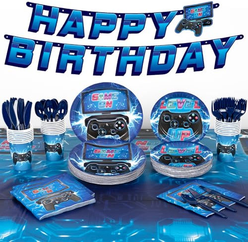 DECORLIFE 170PCS Video Game Birthday Decorations for Boys, Gamer Party Supplies Serves 24, Gaming Party Plates and Napkins, Tablecloth, Cups, Banner
