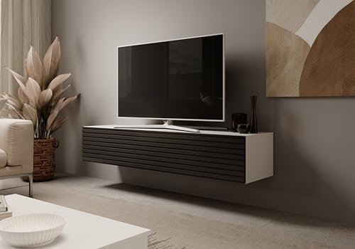 4ALL HOME TV-Schrank 160 cm Felix - TV-Lowboard - TV-Möbel - TV-Regal - Lowboard - Lamellen - Hochglanz - Fernsehtisch - Sideboard Hängend (Lamellen Schwarz + Weiß)