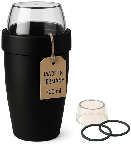 Thiru Müslibecher 2in1-700 ml – 2 auslaufsichere Fächer (500 ml + 200 ml) – mikrowellen‑ & tiefkühlgeeignet – BPA‑frei, temperaturbeständig −20 °C bis 90 °C – Midnight Edition - Made in Germany
