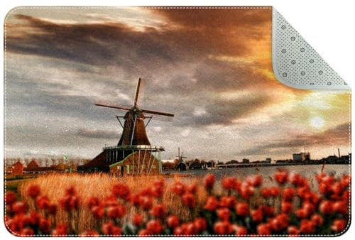 Beautiful Sunset Dutch Windmill Dekorative Fußmatte, 80 x 50 cm, rutschfeste rechteckige Bodenmatte, Schaltermatte, Teppich für drinnen und draußen, Haus, Garten