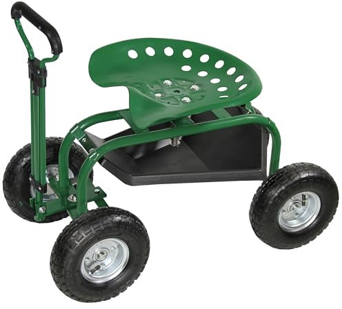 Helo Fahrbarer Gartensitz, Rollsitz, Rollbarer Gartensitz mit Werkzeugablage, 150 kg, Stahl, Grün, Rollwagen, Gartenhocker (Modell G1)