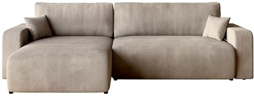 BROMARKT Sofa mit Schlaffunktion Couch L Cordstoff Sofa Bettkasten Schlafsofa für Wohnzimmer freistehend PUMI L Relaxsofa 3 sitzer 274x148x82 cm Beige
