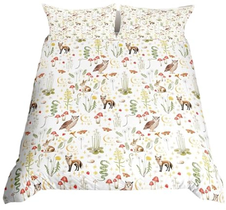 Homewish Bettwäsche-Set für Doppelbett, Vintage-Blumenmuster, niedliches Wald-Tiermuster, wendbar, ästhetische Gartenblumen-Bettwäsche und Leinen, rustikale botanische Palnts, Weiß/Grün