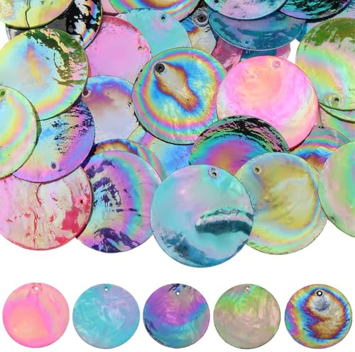 SUNNYCLUE 1 scatola Da 50 pezzi 5 colori 40mm Ciondoli A Conchiglia Capiz Ciondoli A Conchiglia Rotondi e Piatti Ciondoli Estivi Boho Hawaii Dipinti A Spruzzo Monete Naturali Grandi Ciondoli per La Cr