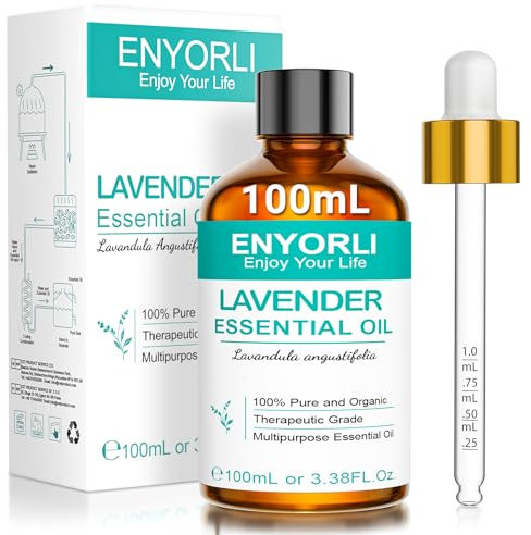 ENYORLI Huile Essentielle de Lavande 100% Pure et Naturelle – Aromathérapie, Diffuseur, Massage, Sommeil – Flacon en Verre Ambré 100mL(3.18 fl oz) avec Pipette