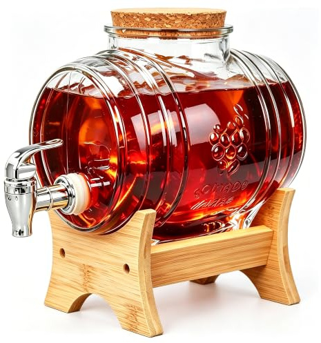 ohbien 1L Glass Whiskey Barrel Dispenser with Tap and Wooden Stand Set | 2 in 1 Glass Wine Barrel Beverage Dispenser, Whisky Decanter Barrel Drink Dispenser for Beer Wine Whisky Lemonade Juice
