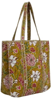 Quilted Cotton Tote Bag for Women | Handmade Floral Printed Shoulder Bag | Lightweight Reusable Shopping & Travel Tote with Long Handles for Daily Use
