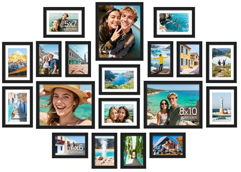 upsimples 19 Pack Picture Frames Collage Wall Decor for Mounting or Tabletop Display, Photo Gallery Frame Set for Family, Multi Sizes Including 8x10, 5x7, 4x6, Black