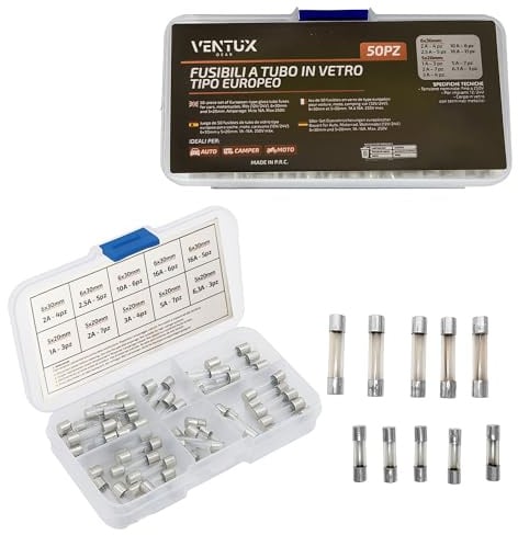Glassicherung Glas Schnellschlag Set Auto 50 Stück – KFZ Sicherungen Sortiment | 5x20mm 6x30mm Sicherungen Box | Sicherung Set für Auto Motorrad Camper | Hartplastikbox · beschriftete Fächer · Kompakte Größe · Metallklemmen · Entspricht der Euro-Richtlinie